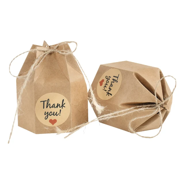10pcs Hexagon Shape Creative Kraft Paper Candy Boxes Wedding Favors Gift Packaging Box For Birthday Party Baby Shower Decor Kraft with sticker B