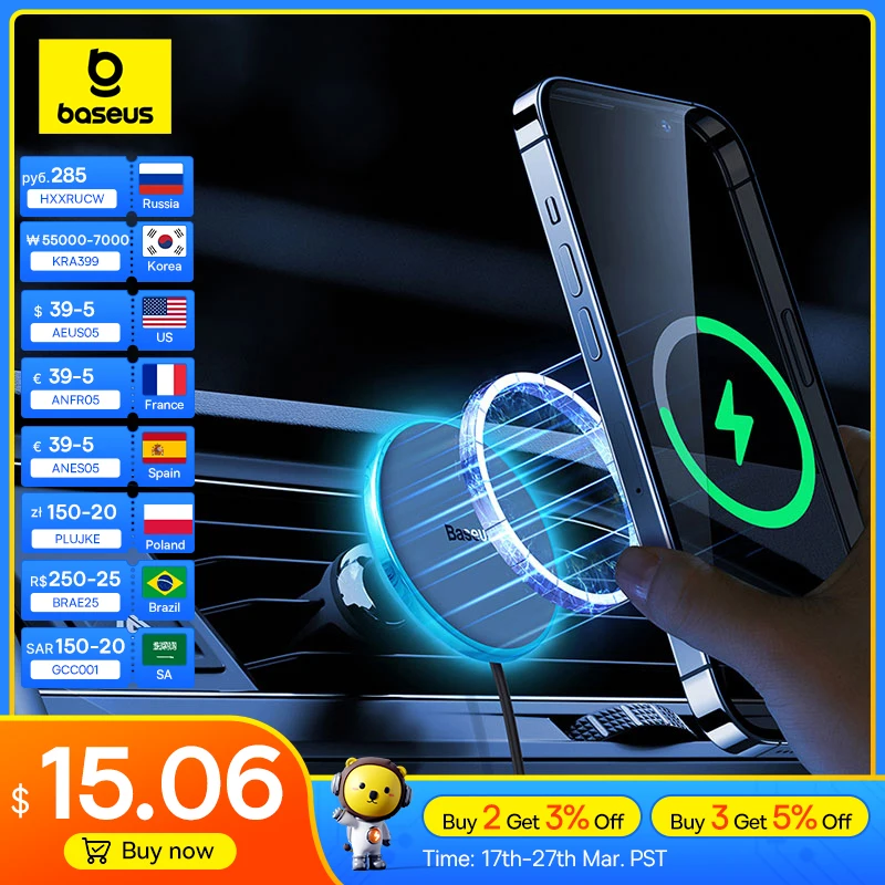 

Baseus Magnetic Wireless Charger Car Phone Holder 15W Fast Charging Car Charger Holder For iPhone 15 14 13 Pro Max Light Effect