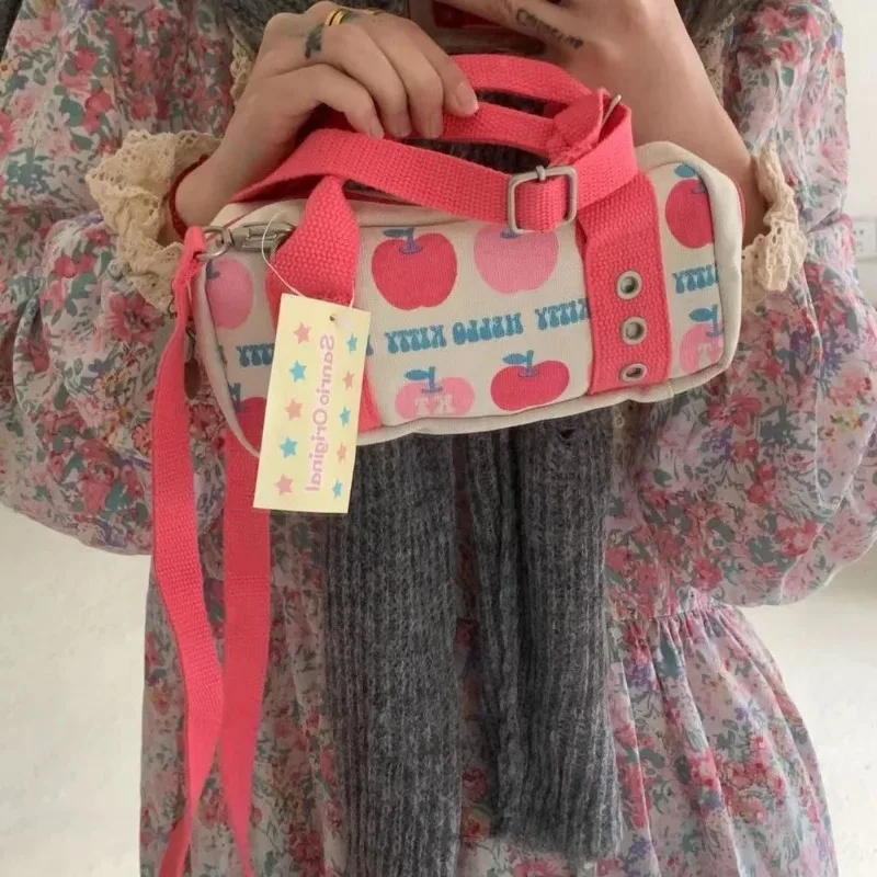 MBTI Vintage Hello Kitty Womens Handbag Patchwork Barrel-shaped Fashion Shoulder Bag Casual Luxury Designer Female Crossbody Bag