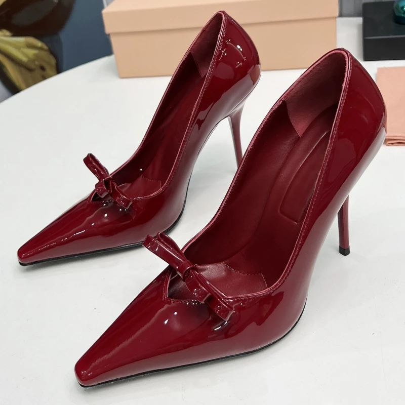 

Bowknot Patent Leather Women Single Shoes Pointed Toe Ladies Shoes Butterfly Knot Tacones Para Mujer Slip-On Sapatos Feminino