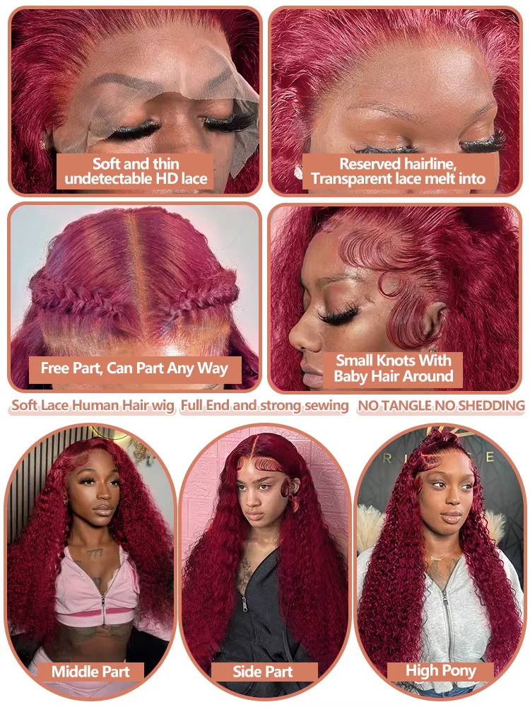 99J Burgundy 13x6 HD Lace Frontal Wig Human Hair Water Curly Red Colored 13x4 Transparent Lace Deep Wave Frontal Wig 4