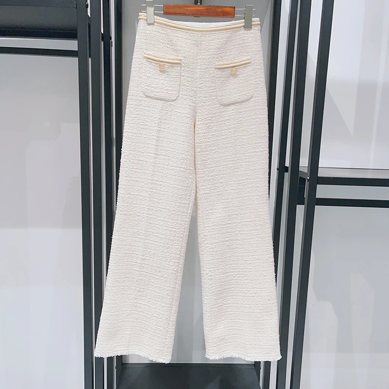 2025 Early Spring Women's French Tweed Set Gold Button O-Neck Short Sleeve Short Jacket Top or High Waist Loose Straight Pants 4