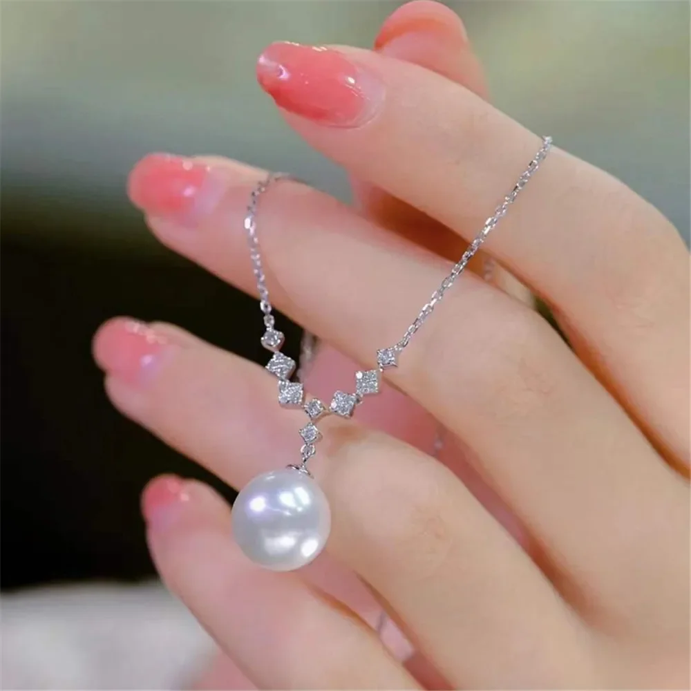 

DIY Pearl Accessories S925 Sterling Silver Chain Empty Support Fashion Pendant with Silver Chain Female Fit 8-11mm Round Beads