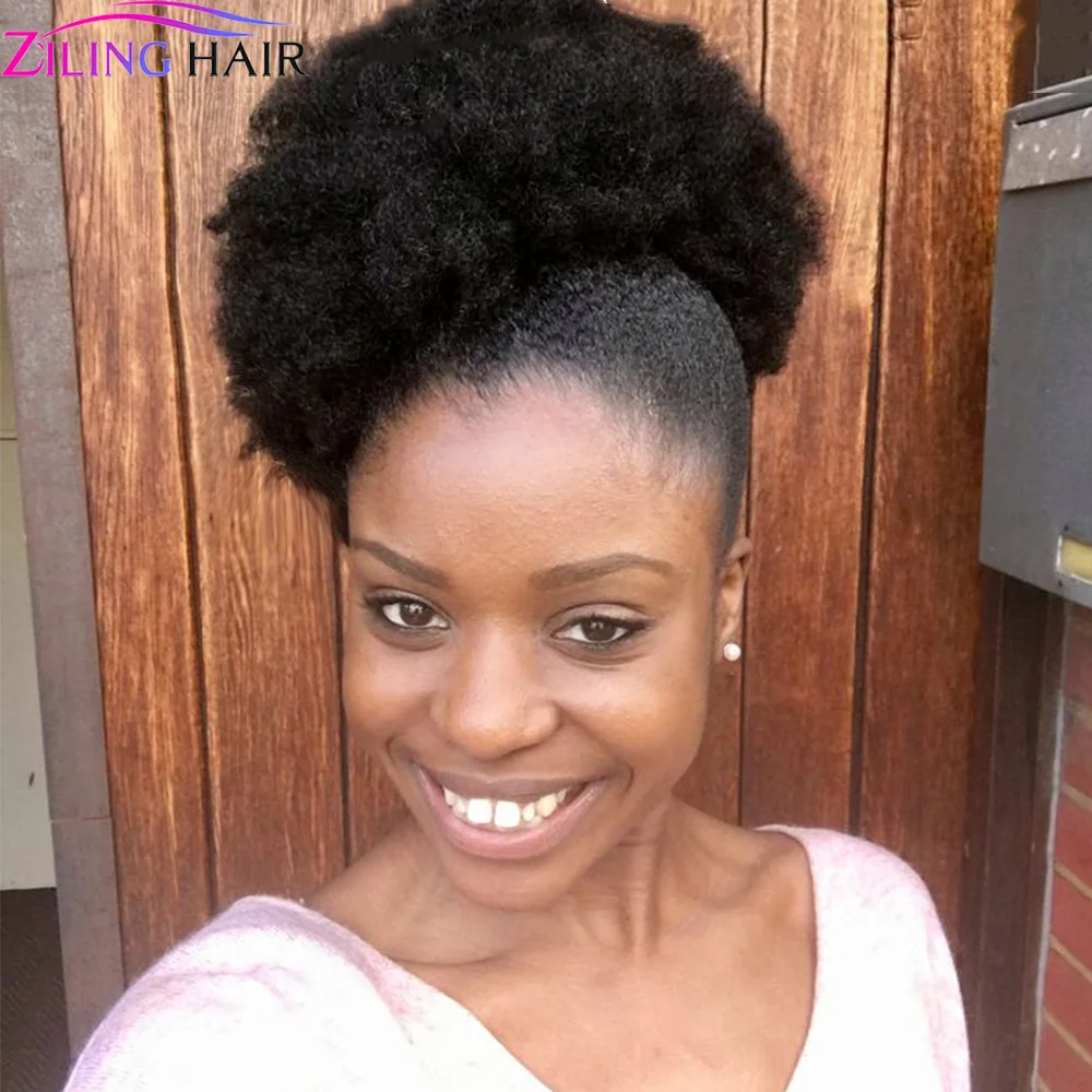 8inches Afro hair bun Real human hair Kinky curly Drawstring ponytail Clip in extension Brazilian For women