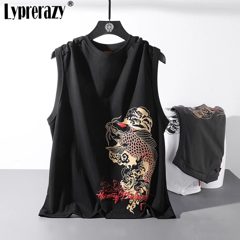 

Lyprerazy Chinese Style Carp Printing Sleeveless T-shirt Summer Loose Cotton National Tide Tank Tops