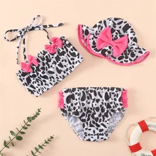 

Summer Toddlers Baby Girl 3-Piece Bikini Sets Kids Cow Print Swimwear Halter Tie-Up Bow Tops Briefs Sunhat Swimsuit Beachwear