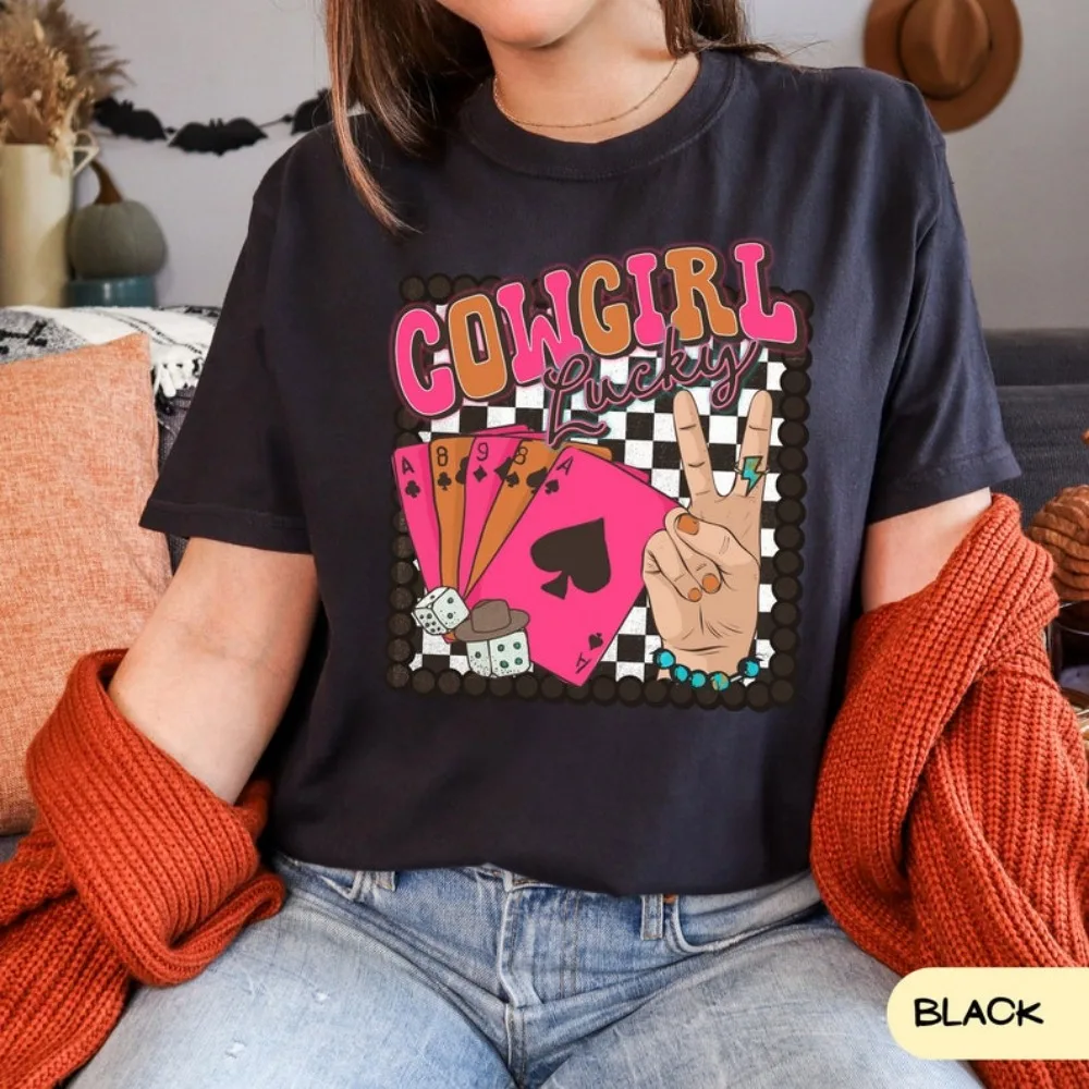 

Cowgirl Checkered Pink Shirt Country Concert Tee Western Graphic Tees for Women Graphic Tshirt Cute Country Black Shirt Comfort