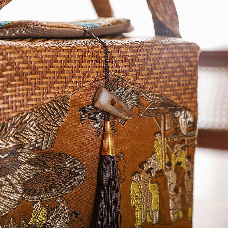 Sac de rangement en tissu de rotin, théière en céramique, cozies de thé,  boîte-cadeau de gril, sac africain avec glands, boîte de rangement de style