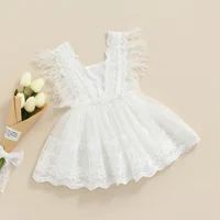 Robe décontractée pour nouveau-né fille de 0 à 24 mois, robe blanche sans manches à col carré et ourlet en dentelle 5
