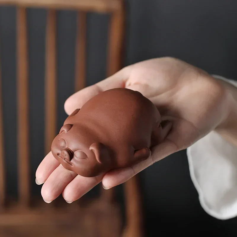 1PCS Lucky Cute Pig Statue Purple Clay Tea Pet Ornaments Desktop Handmade Crafts Chinese Boutique Tea Decoration Accessories