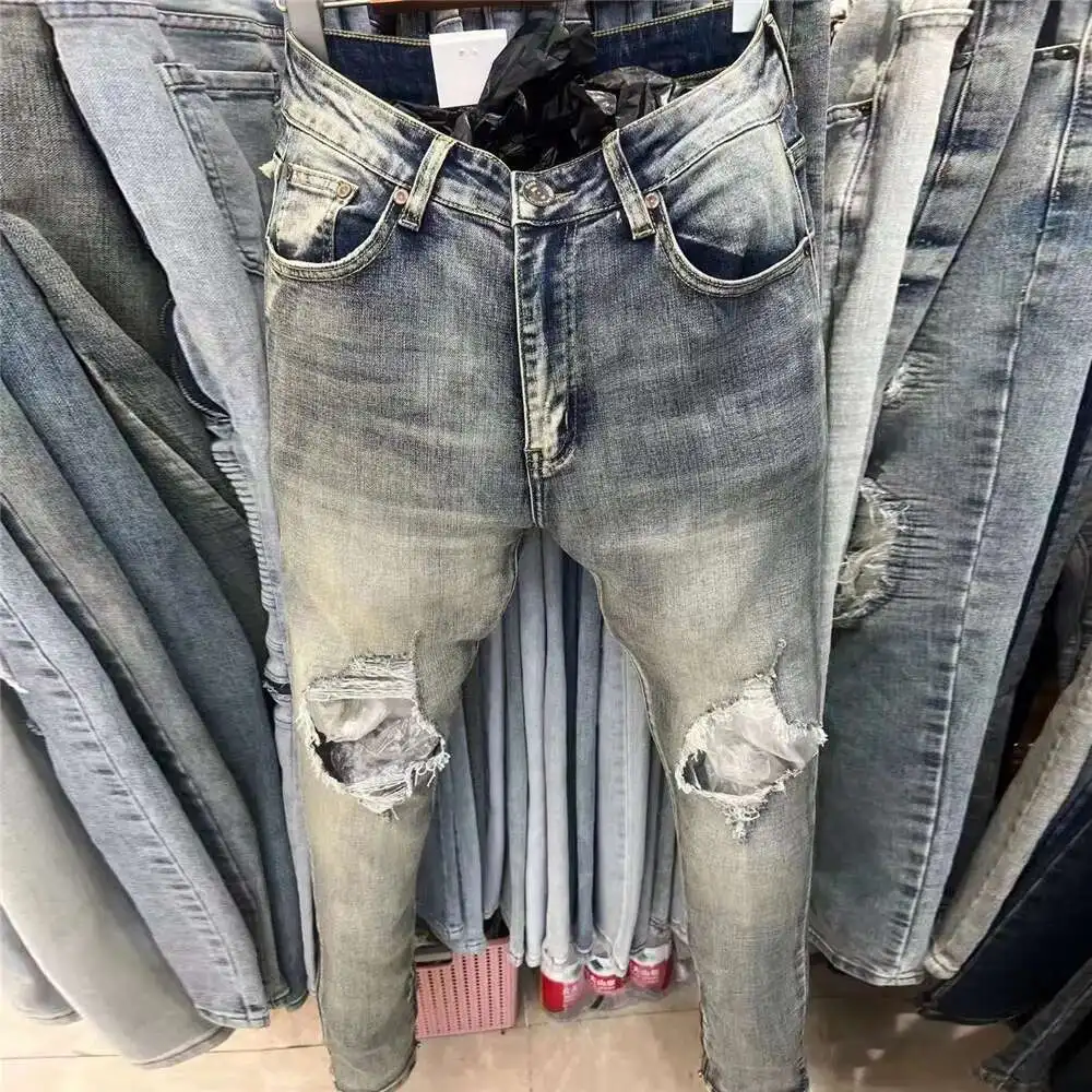 Celana Jeans Gray Distressed Jeans Denim Motorcycle Pant Jeans
