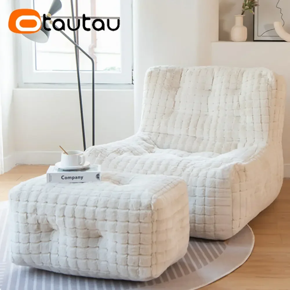 OTAUTAU filled Luxury Waffle Faux Bunny Fur Pouf Sofa Bed Bean Bag with Filler Chaise Lounge Recliner Couch Puff Ottoman SF055