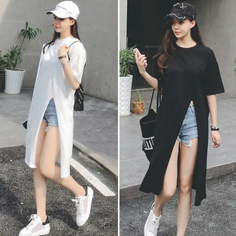 Women T-shirts 2023 Summer Short Sleeve O Neck Loose Tees Hem Slit Solid Color Chic Casual Streetwear Tops - 2
