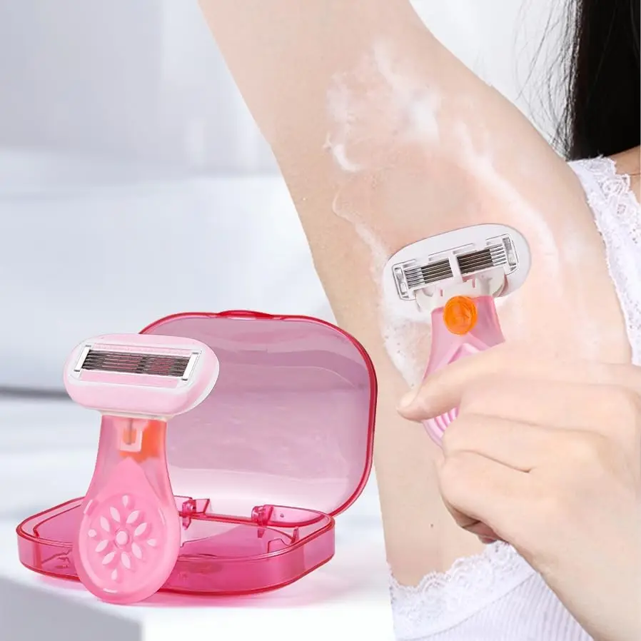 정밀한 5중 스테인리스 스틸 칼날을 갖춘 여성용 수동 면도기, 컴팩트한 휴대용 디자인, 교체용 헤드 포함