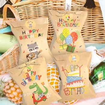 24 ensembles de sacs en papier Kraft de remerciement, mignon arc-en-ciel Dino, pochette cadeau joyeux anniversaire, sac à cadeaux de fête à fleurs rétro, fournitures de bonbons et de biscuits 1