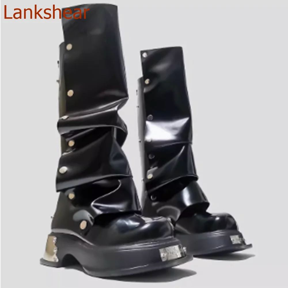 Round Toe Square Heel Women Shoes Pleated Solid Knee High Fashion Casual Comfortable Sexy Party Women Shoes 2024 New Arrivals