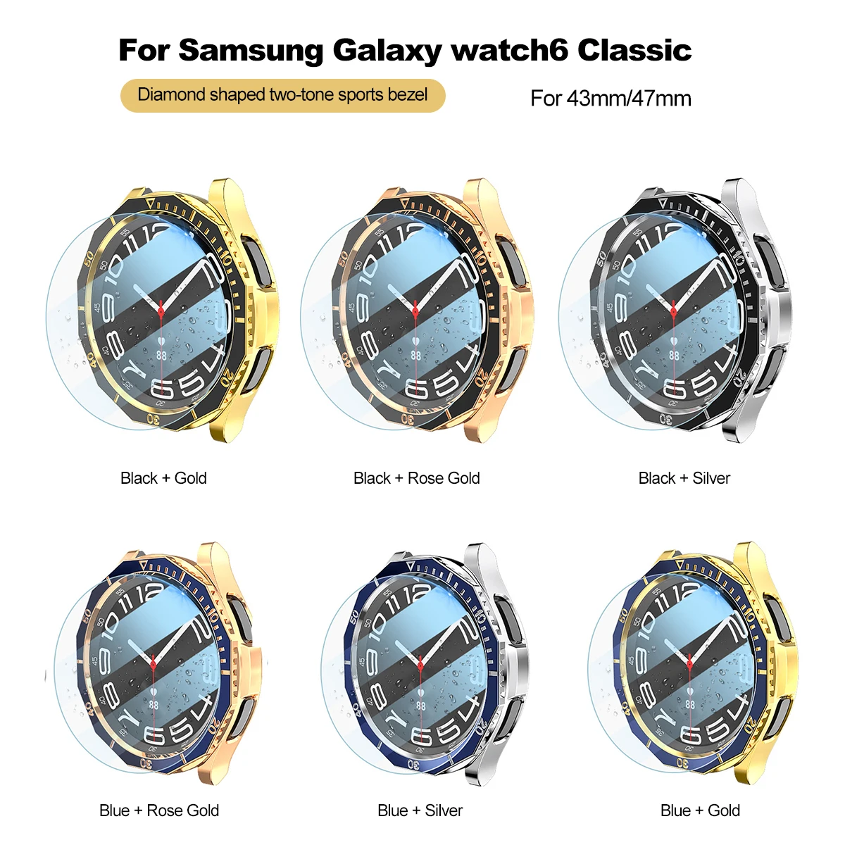 Bezel + Tempered Glass Film For Samsung Galaxy Watch 6 Classic 47mm 43mm Bumper 3 in 1 Case Galaxy 6 Classic 47MM Screen Protector Watch Screen Protector Case,Watch Accessories,Watch Screen Protector,Watch Case,Watch Protective Case,Watch Cover,Watch Protective Cover,Glass Cover,Watch Accessory