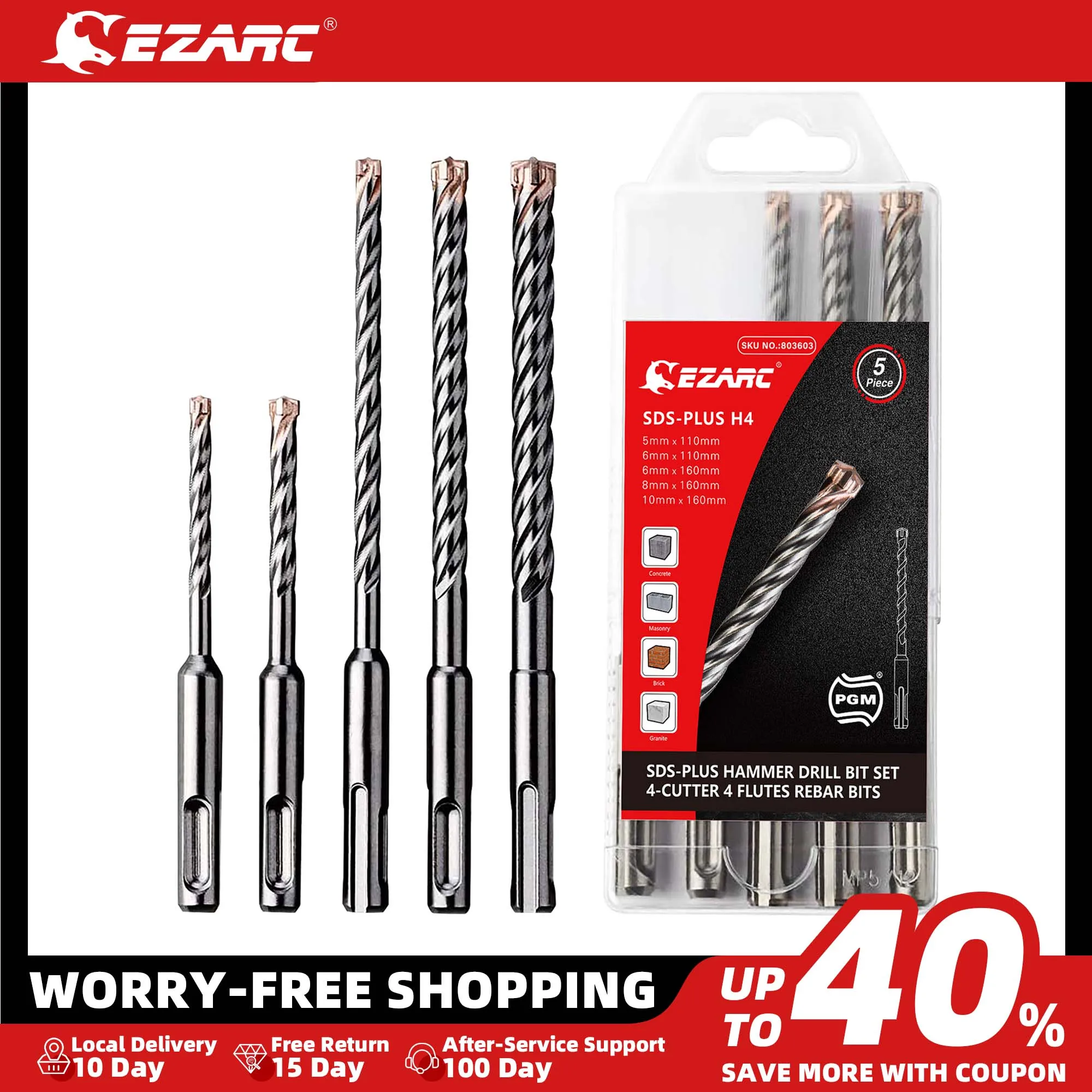 EZARC 5pcs SDS-Plus 4-Cutter Carbide Tips PGM Concrete Drill Bits Set for Reinforced Concrete, Masonry, Marble, Brick and Tile