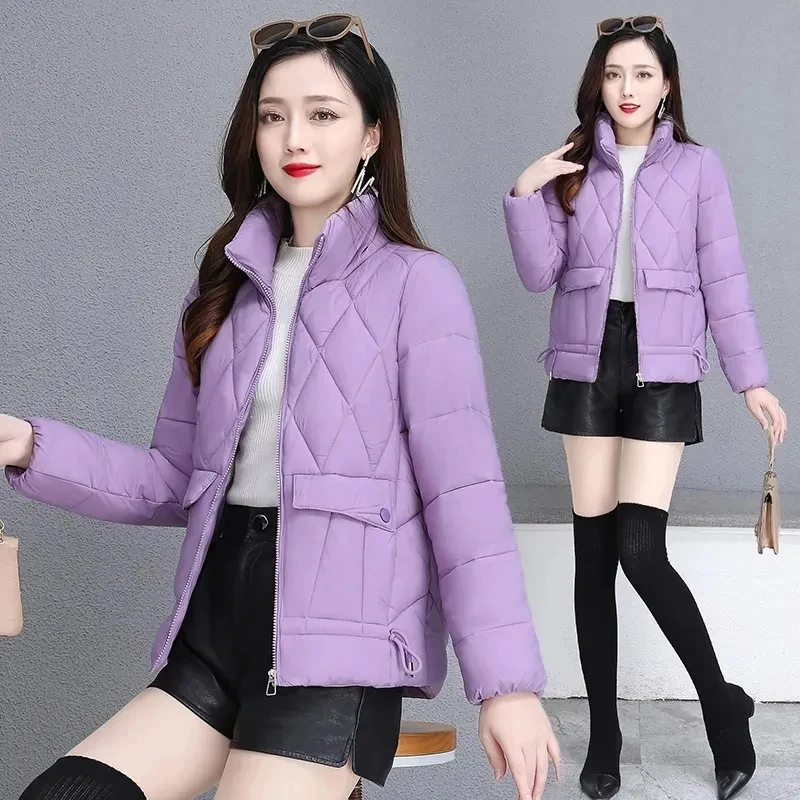 

2023 New Cotton-Padded Jacket Female Tide Winter Quilting Down Cotton Diamond Plaid Fashion Outwear Short Loose Overcoat Women