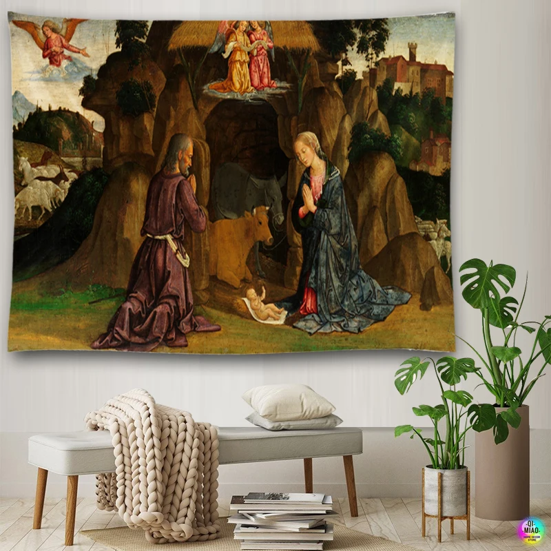 Krippe Wandteppich Jesus Geburt Krippe Scheune Wandbehang Engel Ostern Weihnachten Wanddekoration Christus Wandteppiche Raumdekoration – Detail 7