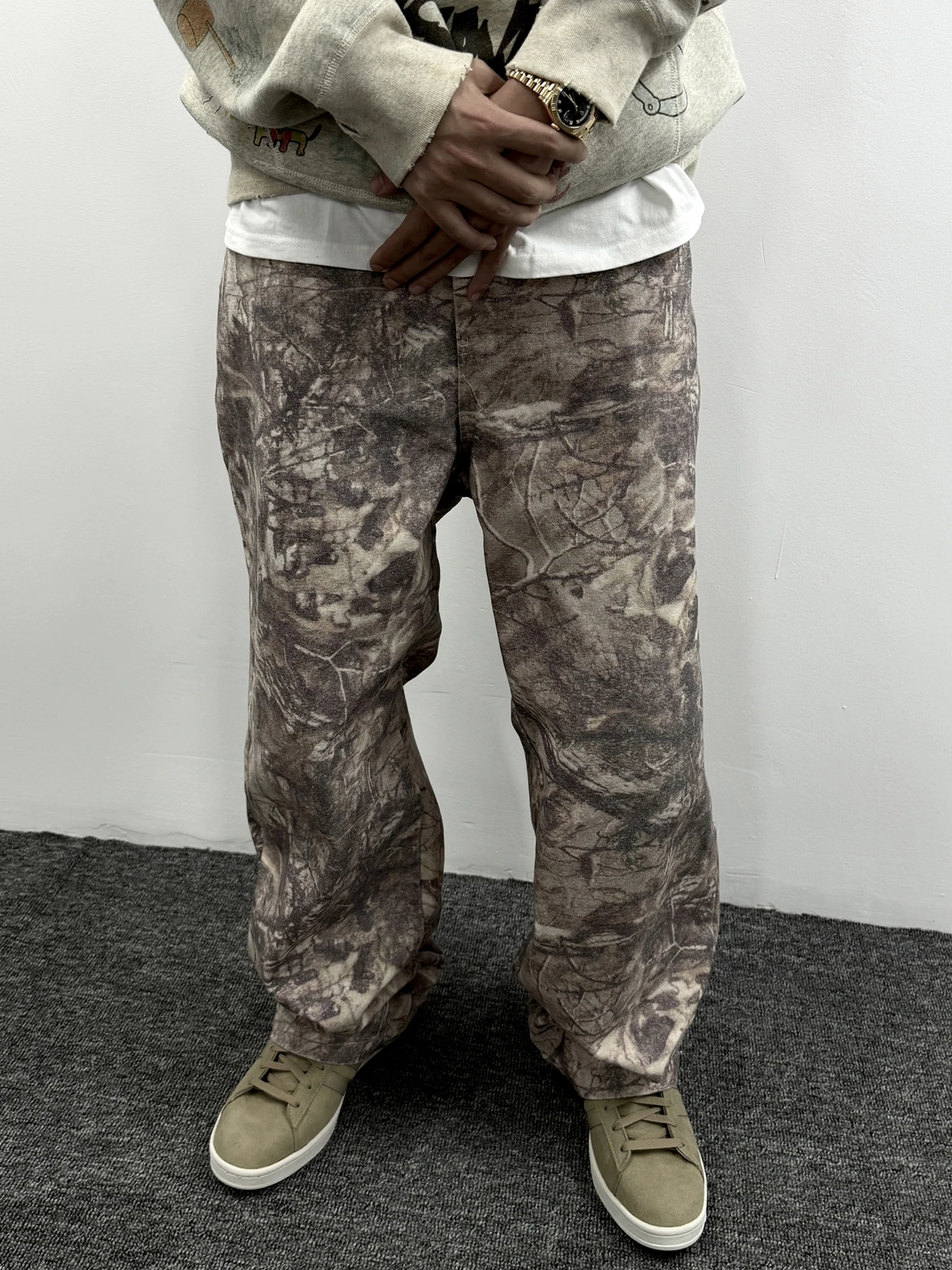 Yao888 Leaf Camouflage Graphics Print Vintage Retro Straight Leg Oversize Loose Washed Old Retro Streetwear Long Pants For Men 4