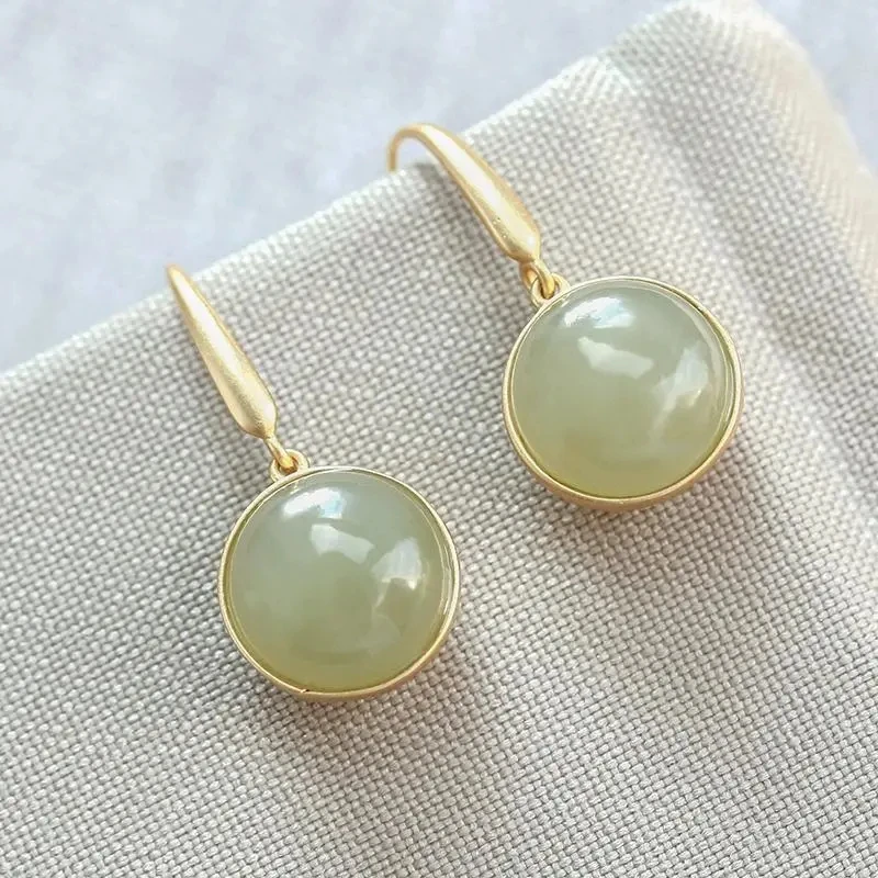 

Natural Hetian jade round bead earrings Chinese style retro national light luxury elegant noble new women's silver jewelry