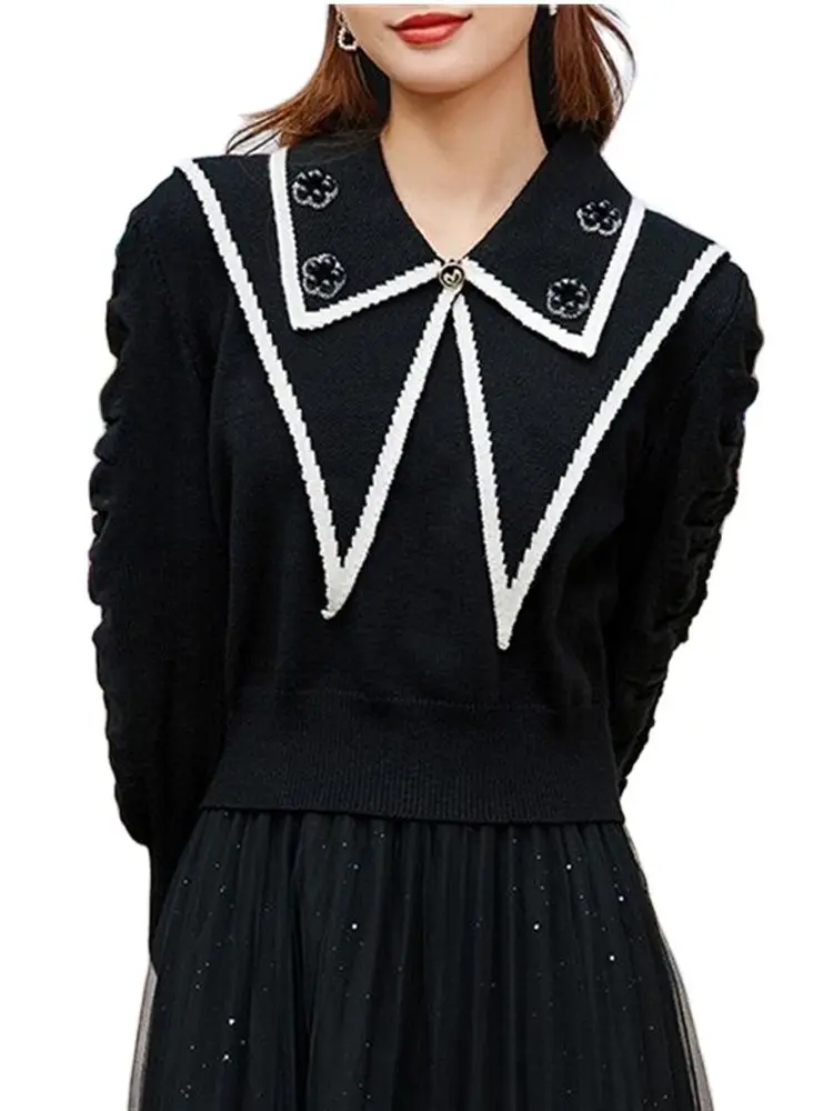 

French Design Sailor Collar Beaded Black Sweater Female 2022 Autumn And Winter New Knitted Bubble Sleeve Overcoat Woman Clothing