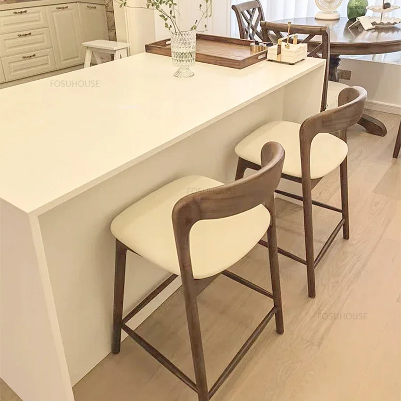 Nordic Solid Wood Bar Chairs Light Luxury Bar Stool Home Kitchen High Stools Simple Front Desk Reception Chair with Back