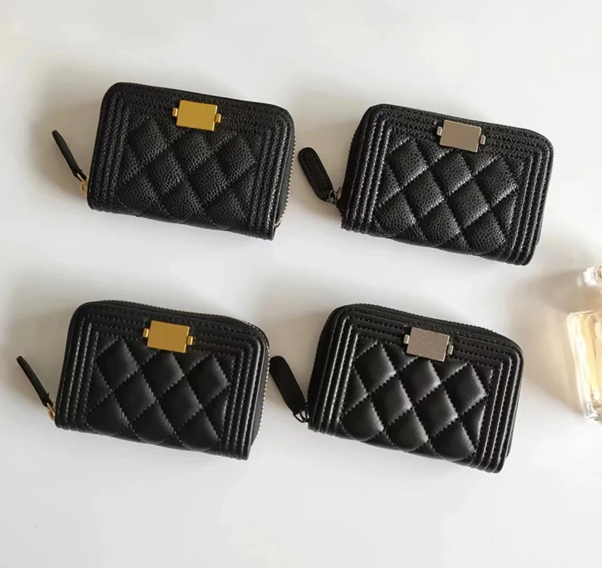 

Woman Wallets Luxury Designer Cowhide Credit Card Case Caviar Genuine Leather Card Holder Zipper Short Sheepskin Coin Purse