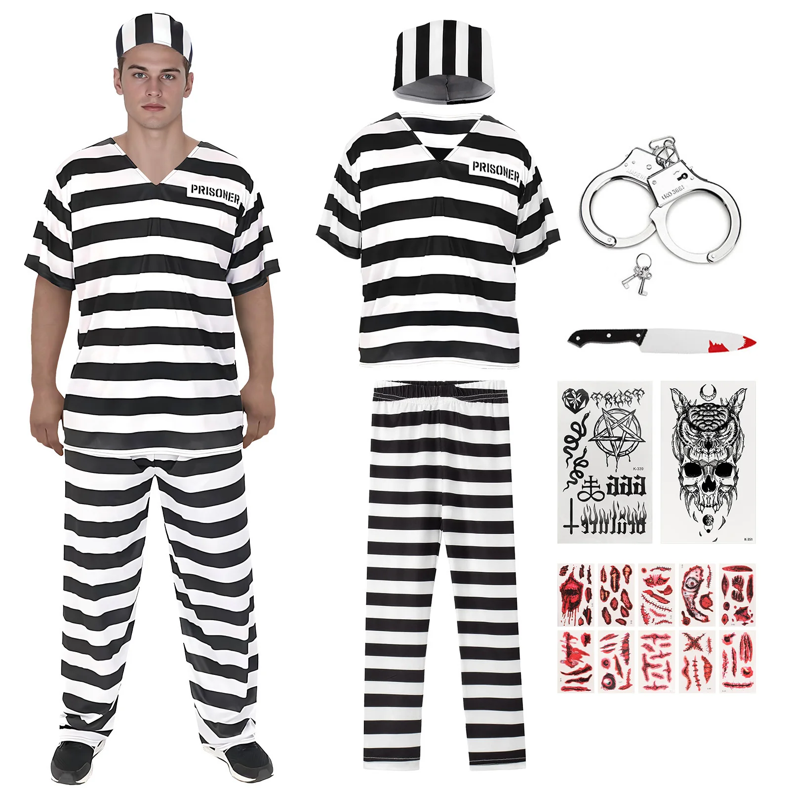 Adult Prisoner Costume Men Black White Striped Jail Inmate Costume Prison Outfit Halloween Convict Cosplay Uniform Props