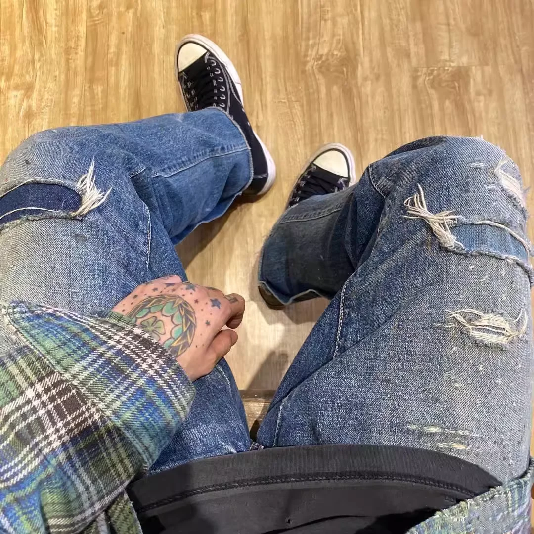 

VISVIMWMV 19SS JOURNEYMANTACKED Japanese casual trend destroying cow king denim