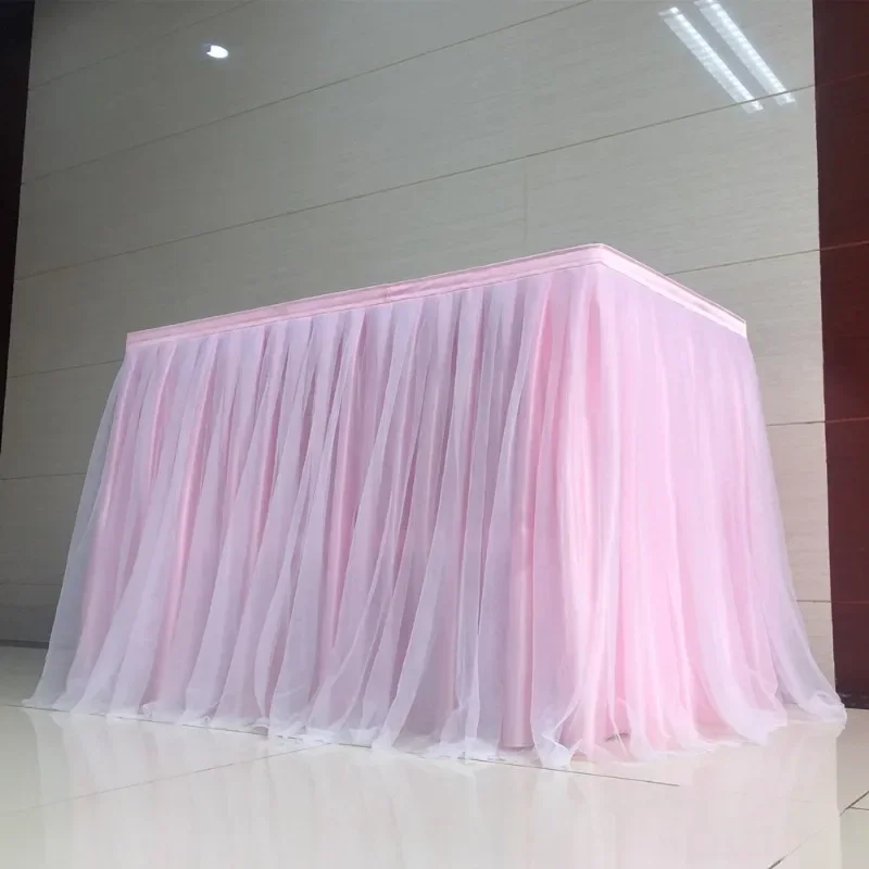 6FT Dboule Layer Voile Table Skirt Wedding Decoration Birthday Party Holiday Festival Celebration Organza Fabric Hotel Events