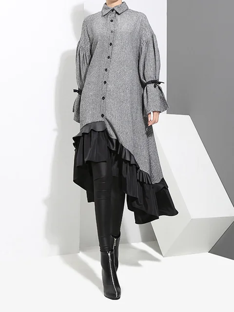 Lapel Long dress in solid gray