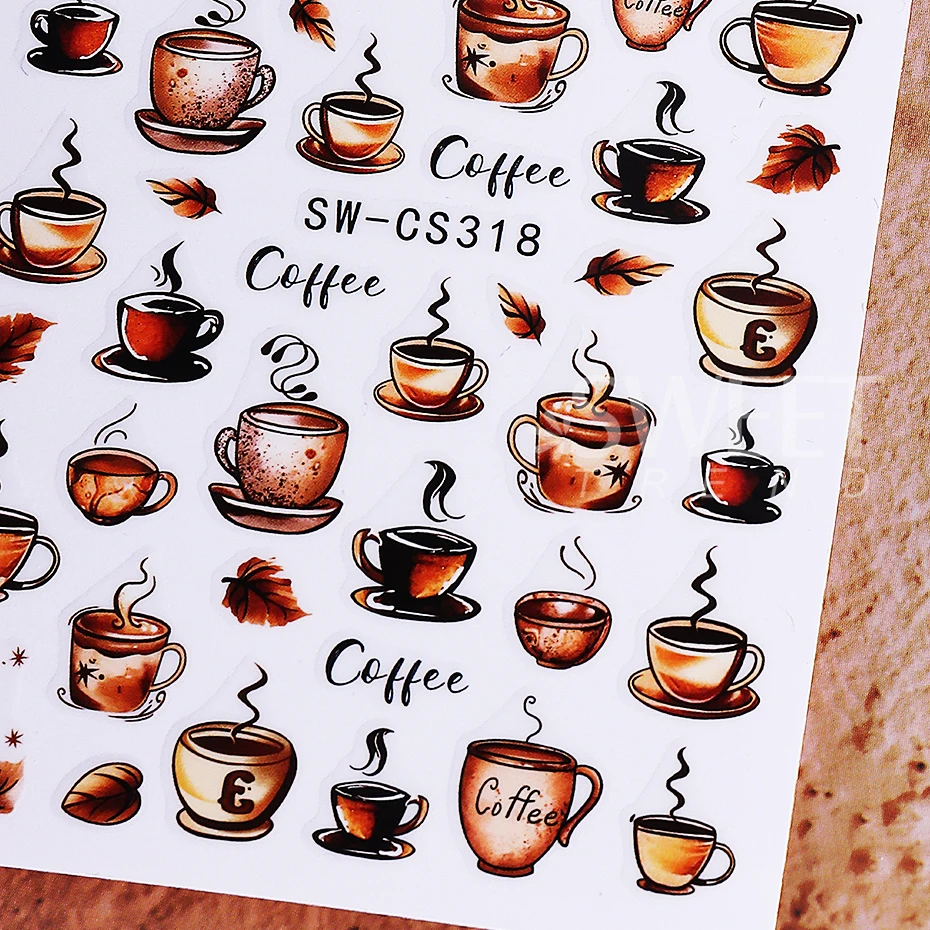 2pcs Retro Nail Stickers 3D Autumn Maple Leaf Coffee Pattern Self-Adhesive Nail Decals DIY Simple Manicure Decoration Sliders