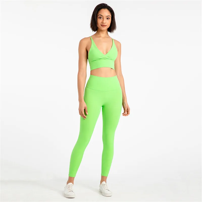 

Sexy Solid Color Sports Bra Top Yoga Legging Two Pcs Suit Women Fitness Yoga Set Front Cross Workout Clothing For Gym Sportwear