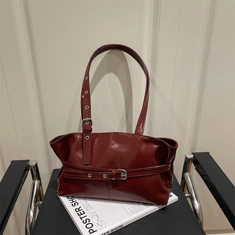 New Fashionable Versatile Belt Buckle Handbag Korean Style Solid Color Soft Leather Women’s Casual Shoulder Bag Underarm Bag