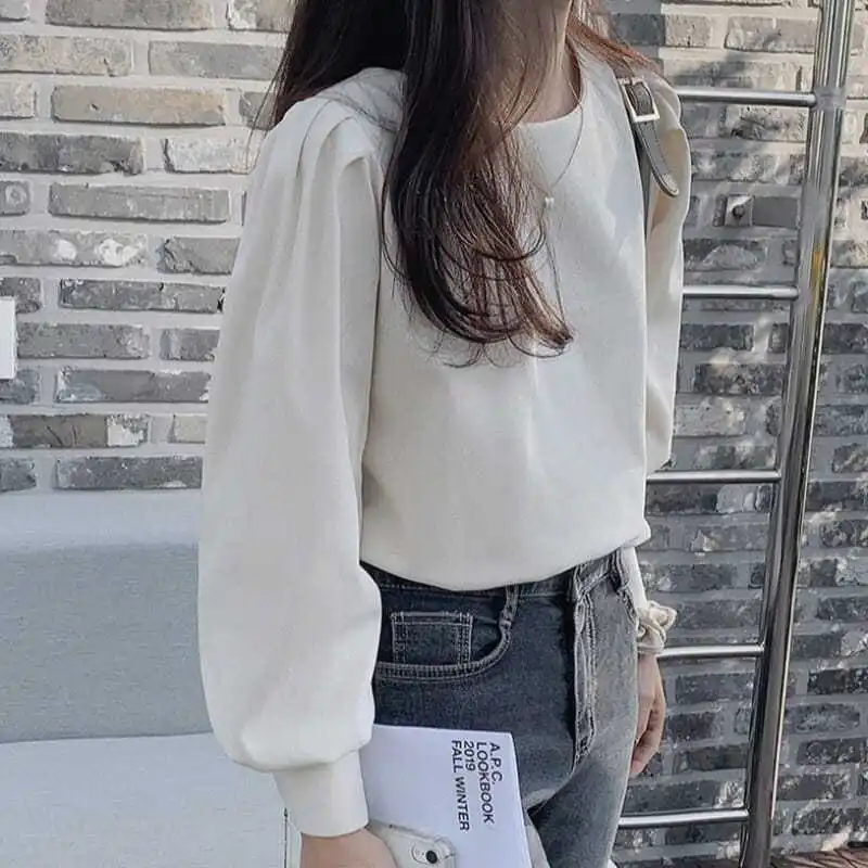 O넥 단색 퍼프 소매 블라우스, 루즈 캐주얼 풀오버, 올매치 오피스 레이디 셔츠, 여성 의류, 2023 봄 신상 패션