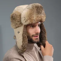 Russia Winter Real fur Hat Unisex Outdoor Windproof Super Warm Real Rabbit Fur Bomber Hats Natural Soft Natural Rabbit Fur Caps 2