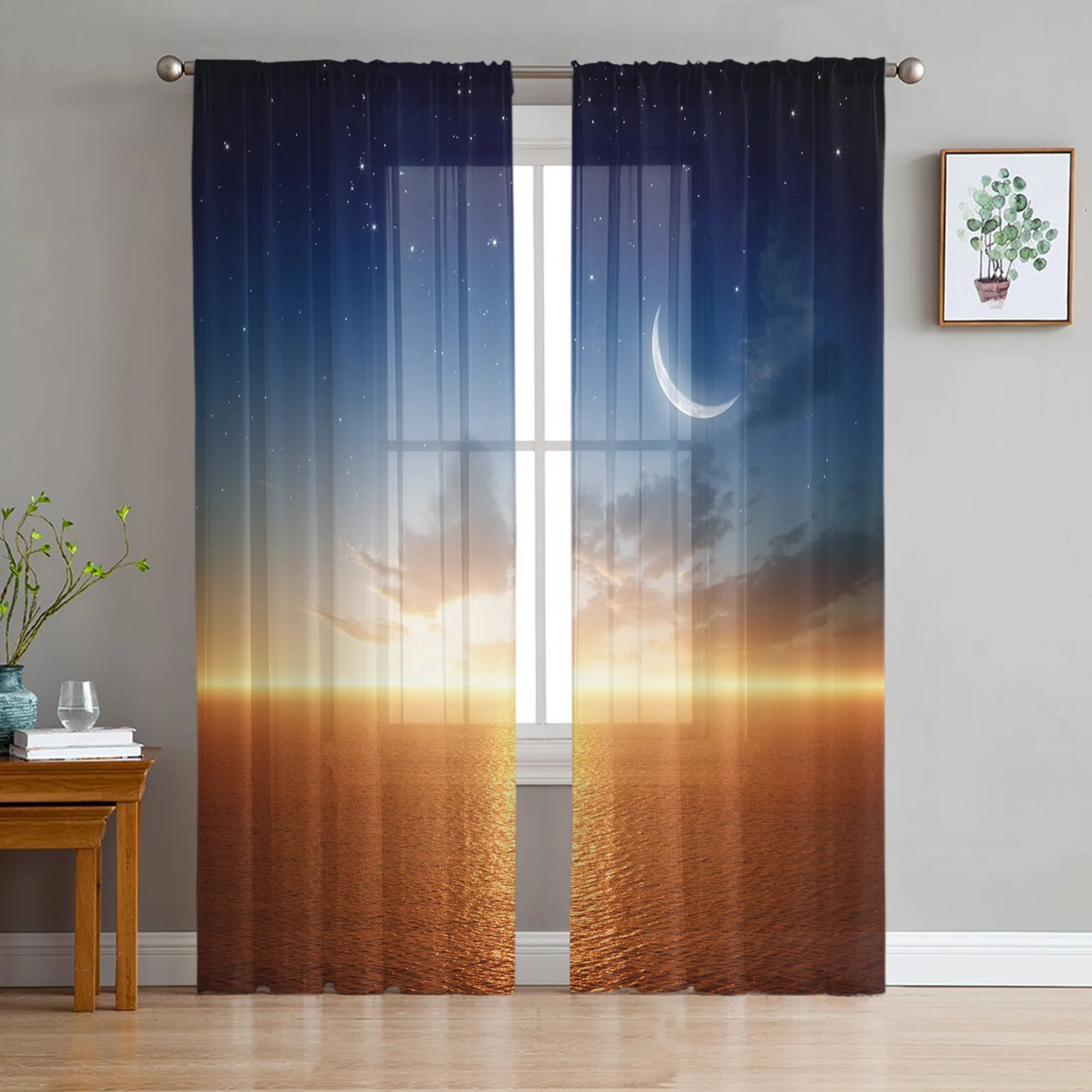 thumbnail image 1 of Cortinas transparentes con diseño de cielo nocturno, estrellas y luna, para sala de estar, ventanas, dormitorio, cocina, decoración del hogar, cortinas de gasa, 1 of 5