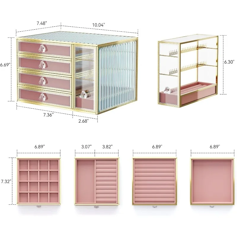 Jewelry organizer box-Tempered Glass 5-Drawer jewelry boxes for women, Large Jewelry Boxes 5