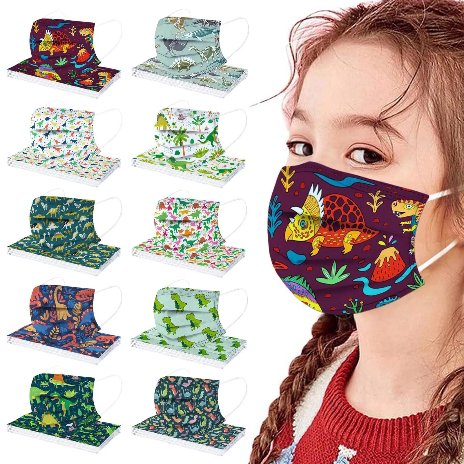 Child Kids Dinosaur Disposable Face masque 3Ply Ear Loop Protective маска 10PC mascarilla Monder Scarf Halloween Cosplay MasK