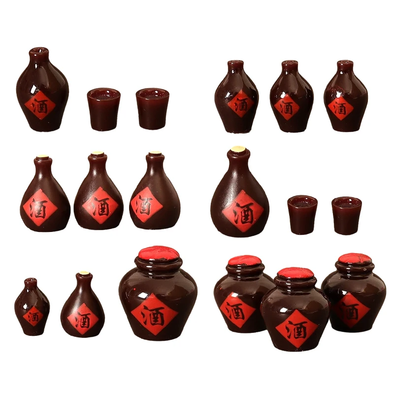 

3Pcs/Set 1:6 1:12 Dollhouse Miniature Wine Jar Retro Chinese Wine Jar Wine Cup Model Kitchen Decor Toy Doll House Accessories