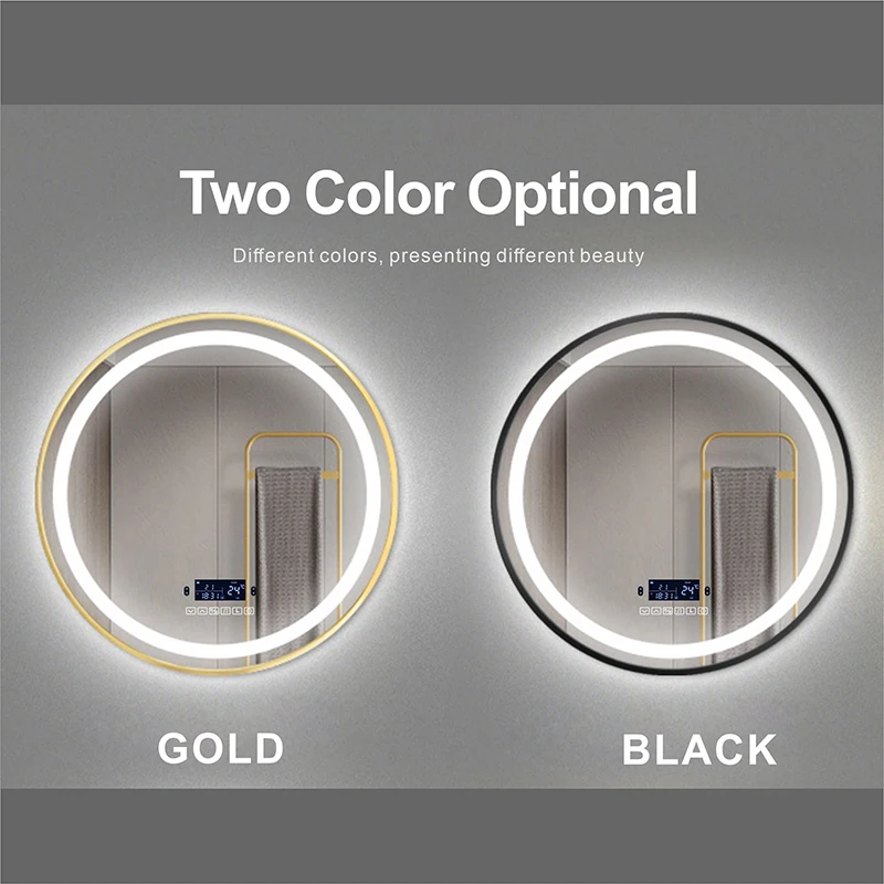 Gold Border Round LED Smart Bathroom Mirror With Bluetooth Body Induction Defogging 3 Color Light Multifunctional Makeup mirrors