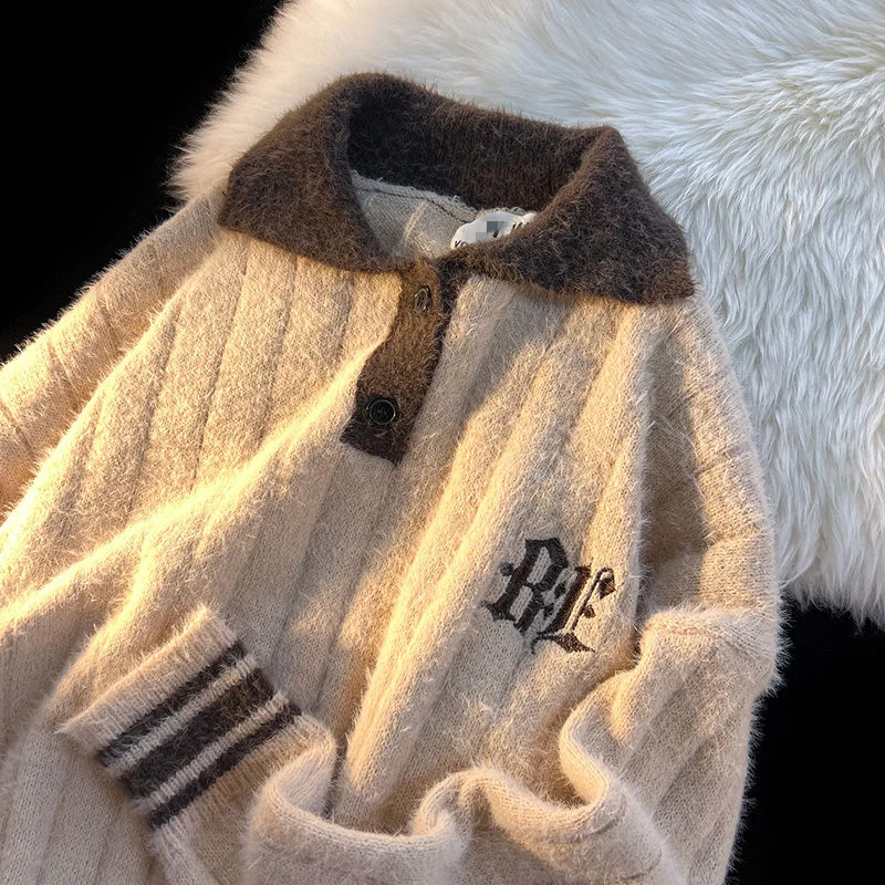 

Hip Hop Brand Badge Oversized Sweaters POLO Collar Knitted Pullover Harajuku Korean Couples Loose Casual Winter Clothes Y2K Tops