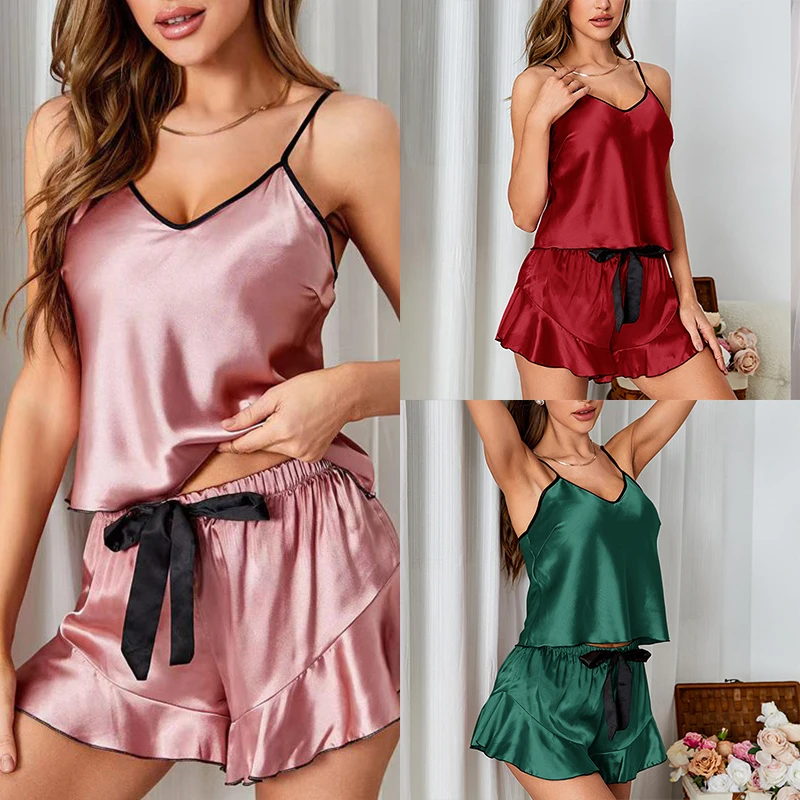 Womens Sexy Lingerie Sleepwear Silk Satin Pajamas Set Cami Vest Nightwear  Pyjama