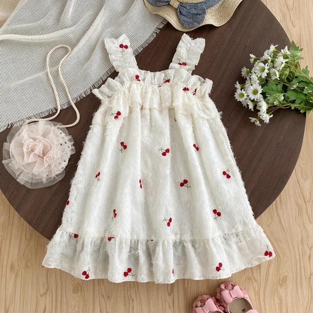 Robes d'été décontractées pour filles, brodées de cerises, avec bords festonnés, style princesse, vêtements pour enfants 1