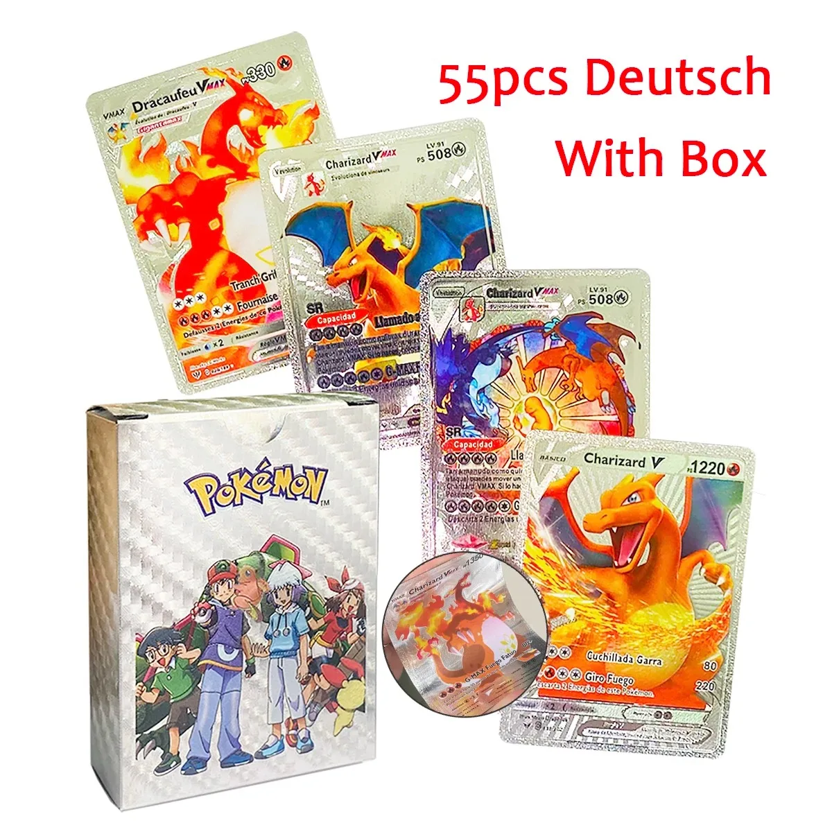 27-55Pcs Cards Colorful Gold Black 3D Pikachu English French Spanish German Vmax GX Energy Card Collect Battle Toy Gifts