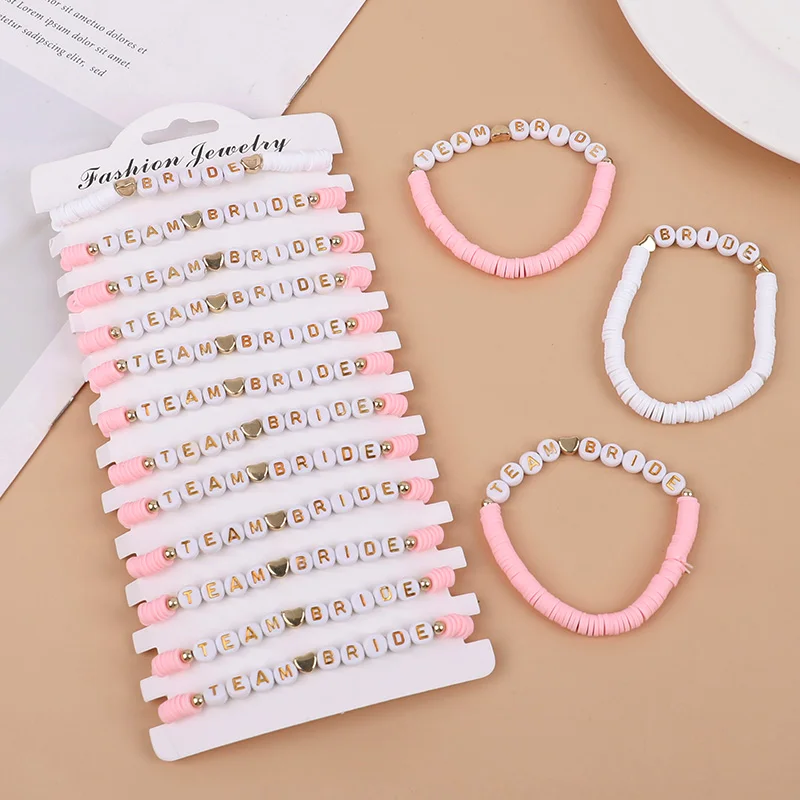 12Pcs Pink Team Bride Elastic Bracelets Set Bridal Shower Gifts Bachelorette Party Favors Supplies Boho Wedding Decoration