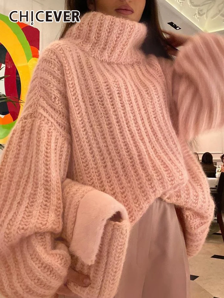 

CHICEVER Sweet Knitting Sweaters For Women Turtleneck Long Sleeve Folds Oversize Pullover Autumn Temperament Sweater Female 2023