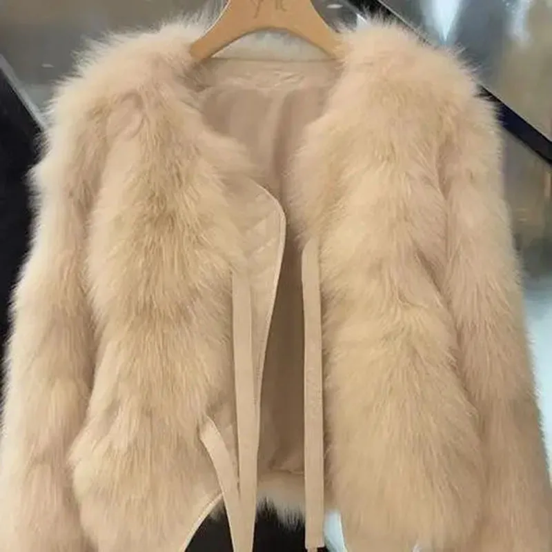 

Faux Fox Fur Coats Women Short 2023 Autumn Winter New Korean Jackets Thick Warm Tops Ｃlothes Ｏ-Neck Cardigan Fur Outwear Female